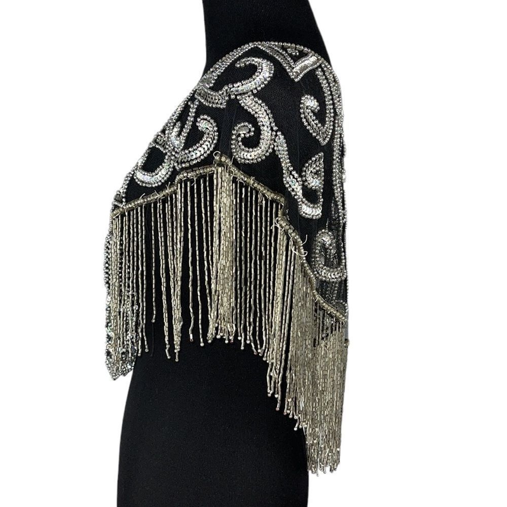 Vintage Silver Beaded Sequin Caplet Shawl Made in India Sparkle Evening … - Picture 4 of 10
